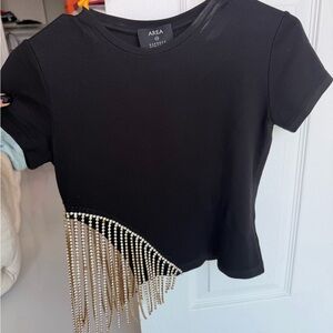 AREA Black Crop Top with Pearl Accents